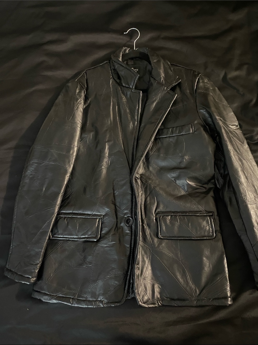 Haband Black Leather Pea Coat with Flap Pockets